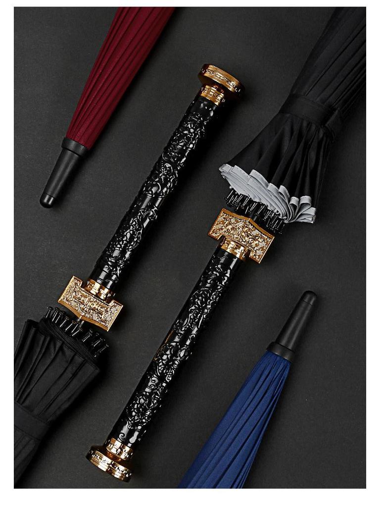 Men's Reinforced Long Handle Umbrella with Reflective Strips - Trendy Design for Sun and Rain