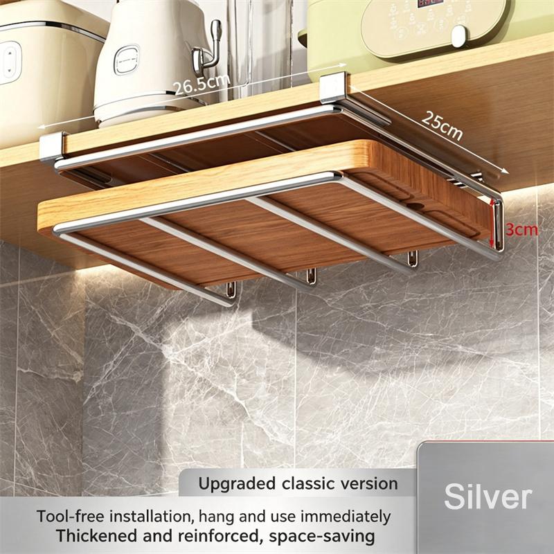 Kitchen Under Cabinet Hanging Organizer Rack with Hooks Multi-Purpose Holder for Paper Towel Cutting Board & Pot Lids