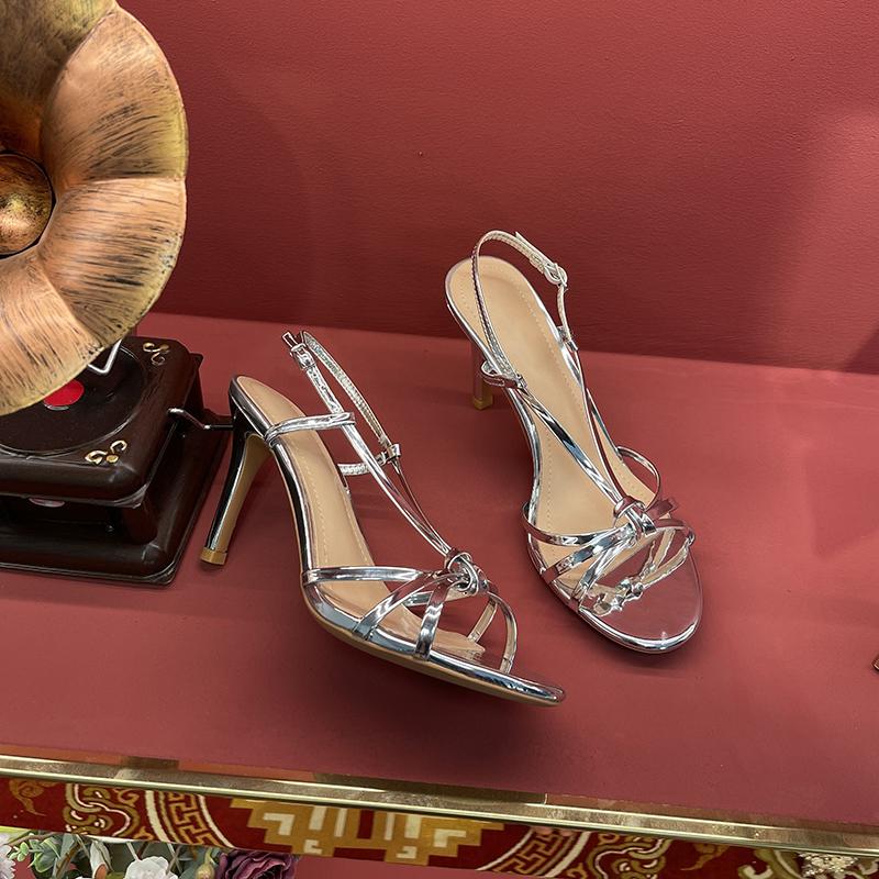 Fashion 2025 Gold High Heels Women Summer New Line With Thin With Silver Temperament Lady Style Strappy Sandals