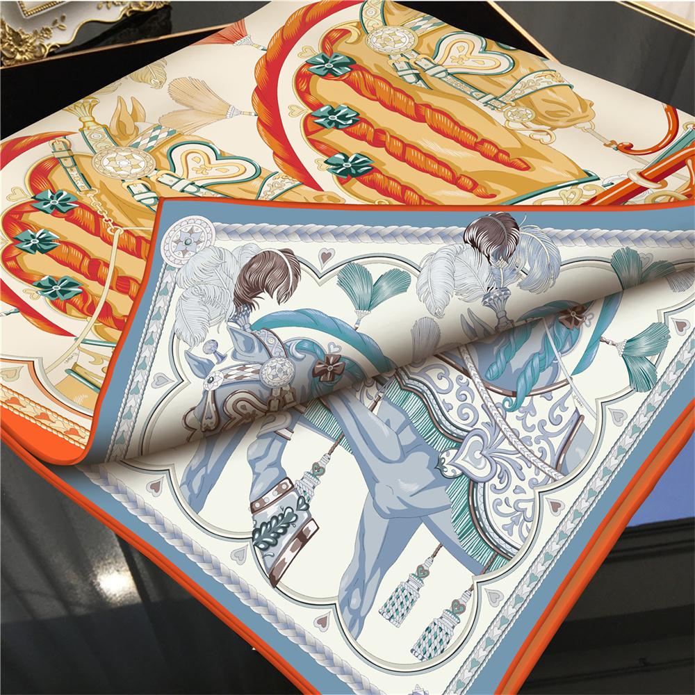 Silk Scarves Two Horse Printed Twill Silk Scarf Women Shawls Luxury Design Hijab Fashion Square Curled Scarf Neckerchief