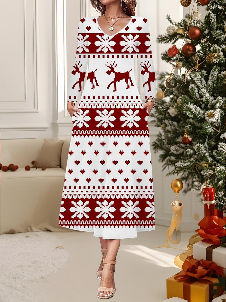 Nuovo Vestito Casual Moda Donna Autunno Inverno 2025 Stampa Fantasia Fiocco di Neve 3D Manica Lunga Scollo a V Linea ad A Vestiti Regalo di Natale