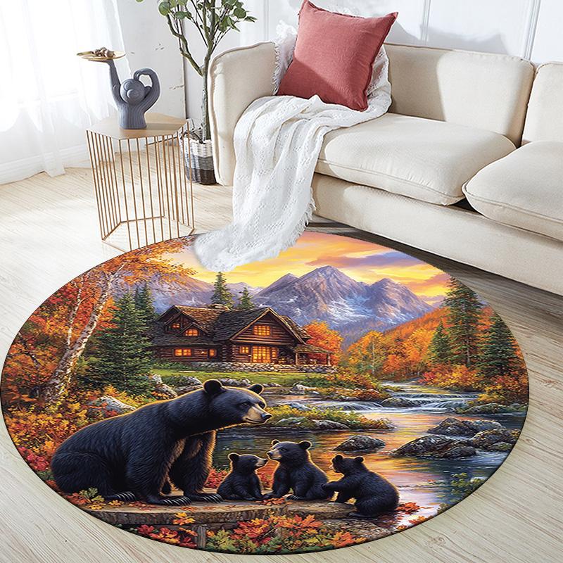 Runder Teppich mit Schwarzbärenfamilie, Teppich für Wohnzimmer, Schlafzimmer, Sofa, Spielzimmer-Dekoration, Rutschfeste Bodenmatte