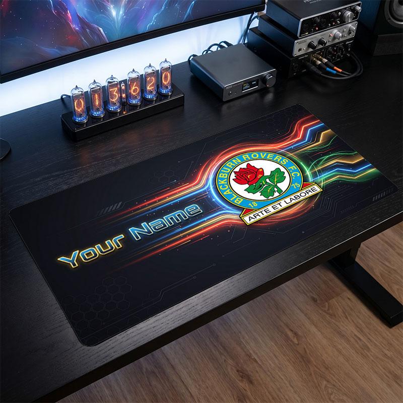 Blackburn Rovers FC Custom Large Mouse Pad, Personalized Name Text Print, Football Logo Non‑Slip Desk Mat Gaming Gift