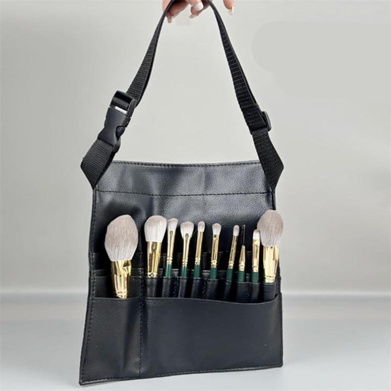 Multi-function Black PU Leather Cosmetic Bag Waist Bag Makeup Brush Bag With Belt For Professional Makeup Artist Large Capacity