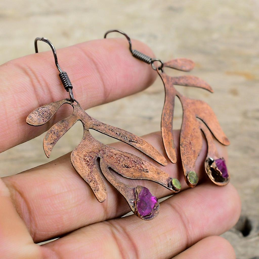 Pink Tourmaline Rough Earring Electroformed Copper Earrings Handmade Gemstone Jewelry Peridot Earring Anniversary Gift Electroformed Jewelry