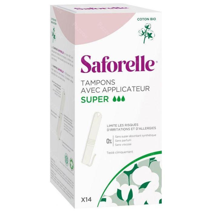Tampons Super - SAFORELLE - Coton Bio - Hypoallergénique - 14 Unités - Avec Applicateur