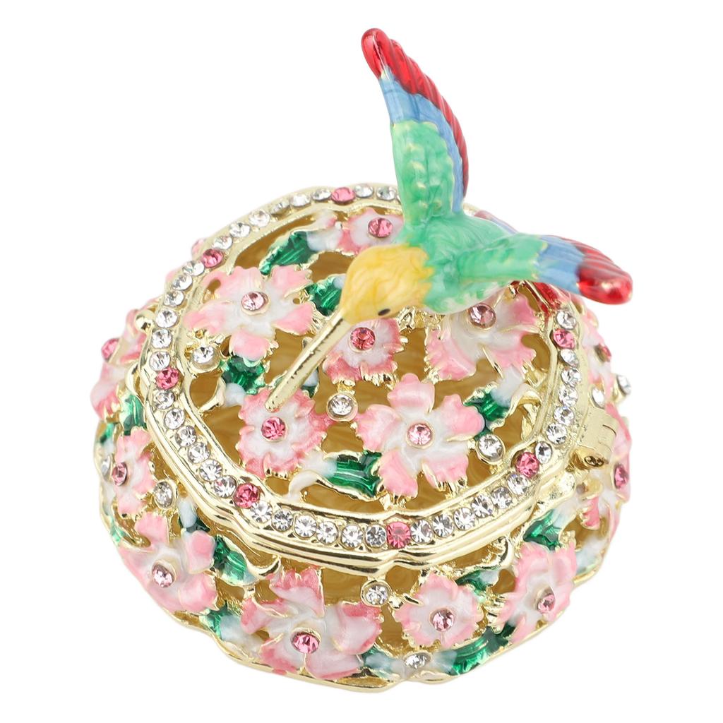 Round Hummingbird Pattern Enameled Jewelry Box Decorative Metal Trinket Box Vintage Jewelry