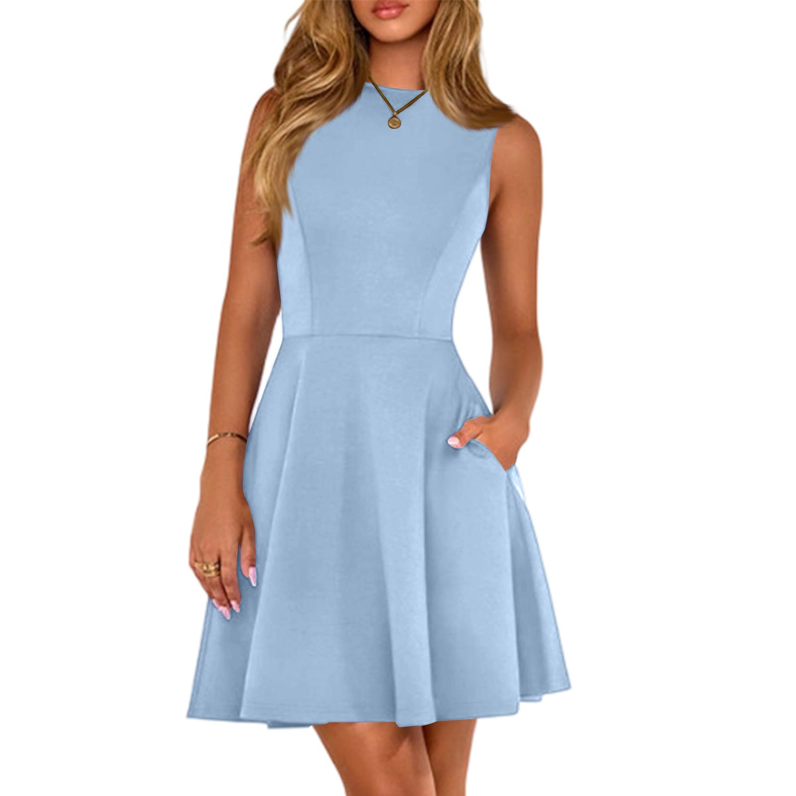 Vestido Casual Colorido Feminino Sem Mangas Gola Redonda Vestido Sem Mangas Gola Redonda S gray