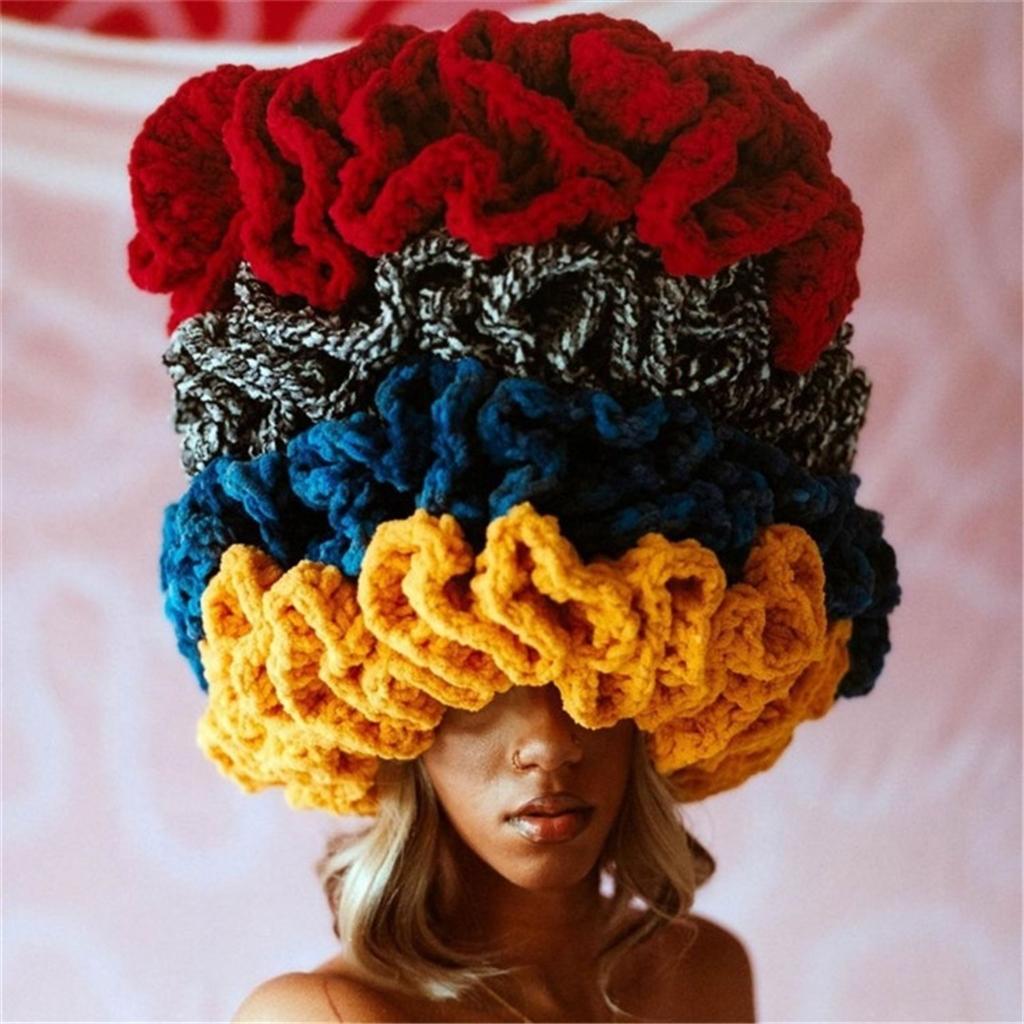 ZHEZHE 2024 NEW Women Crochet Bucket Hats Y2k Fashion Pleated Ruffles Knitted Winter Outdoor 100% Polyester