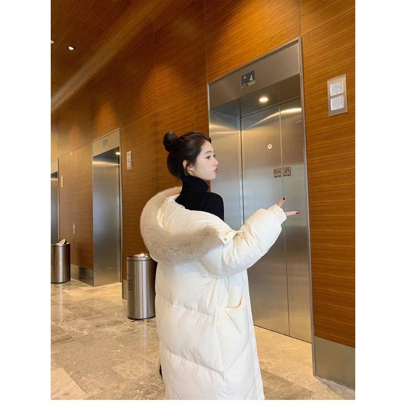 Long Over-the-knee Hooded Down Cotton Coat for Women Winter Big Fur Collar Thick Cotton Coat Trend Parkas Jackets