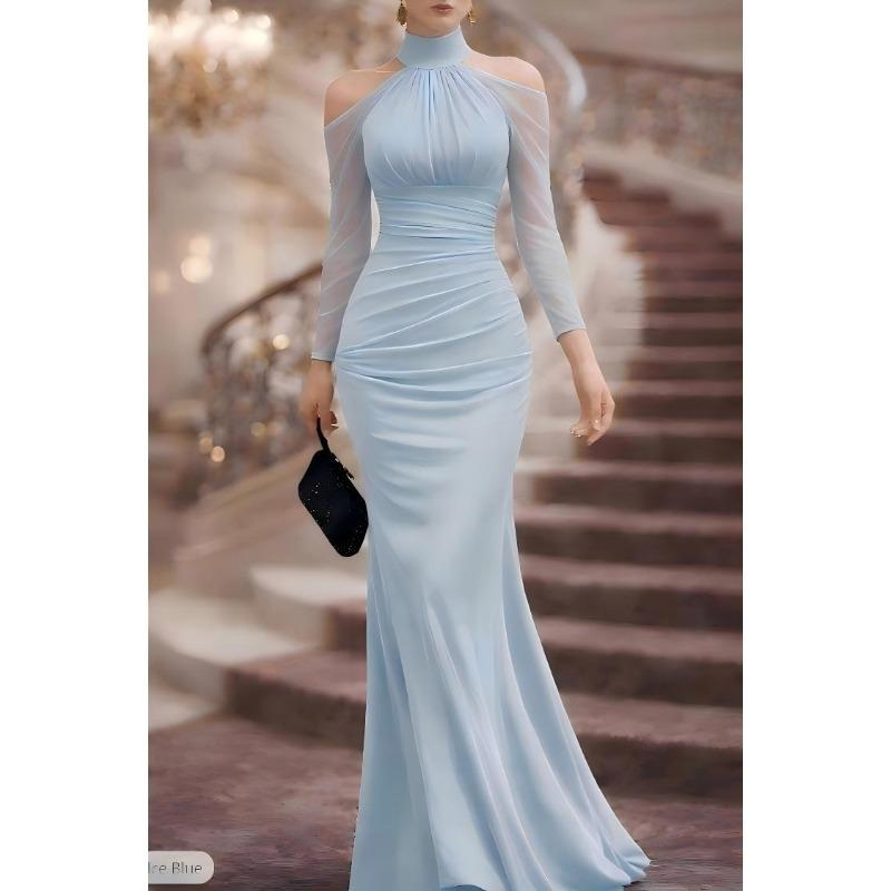 Women Sexy Halter Off Shoulder Long Sleeve Mermaid Long Evening Party Dress