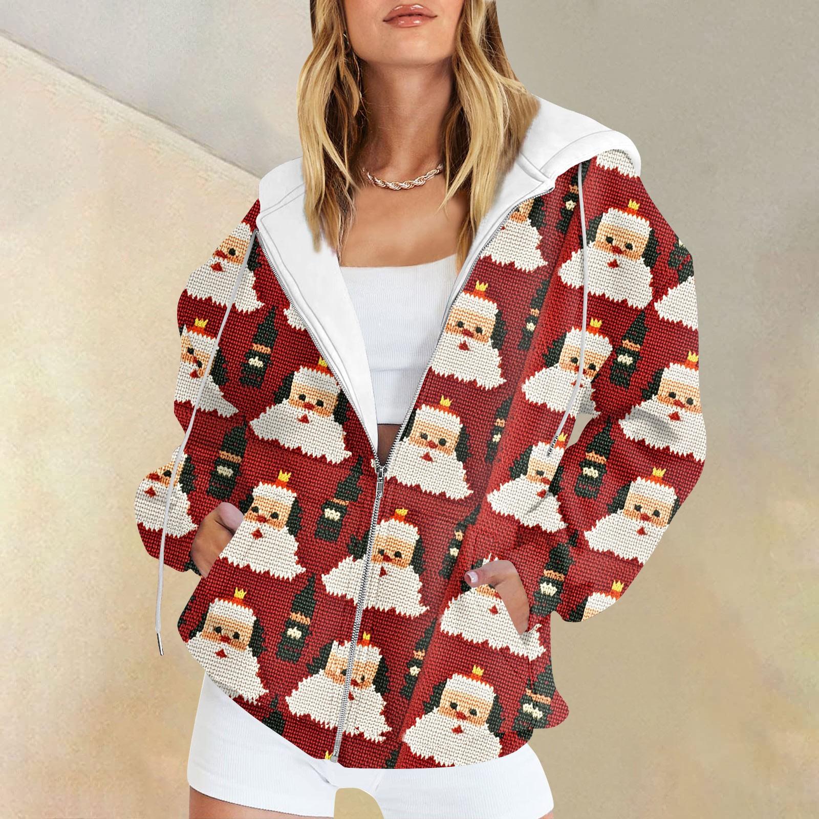 

Жіночий різдвяний світшот з принтом, зимовий кардиган з довгим рукавом, куртка з кишенями, худі на блискавці, верхній одяг XXL червоний