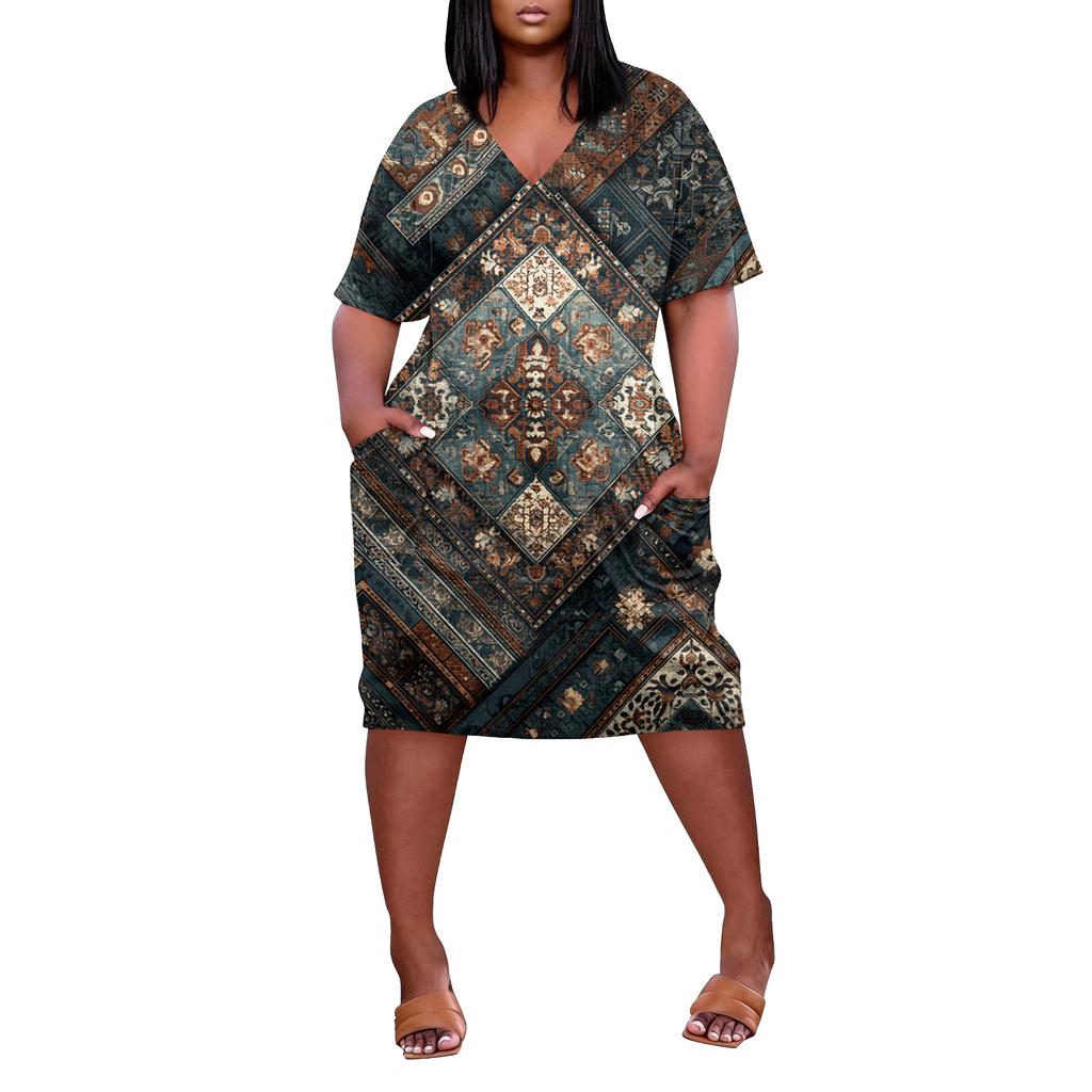Letní nadměrné velikosti V výstřih krátký rukáv ke kolenům kapsa potisk ležérní šaty pro ženy