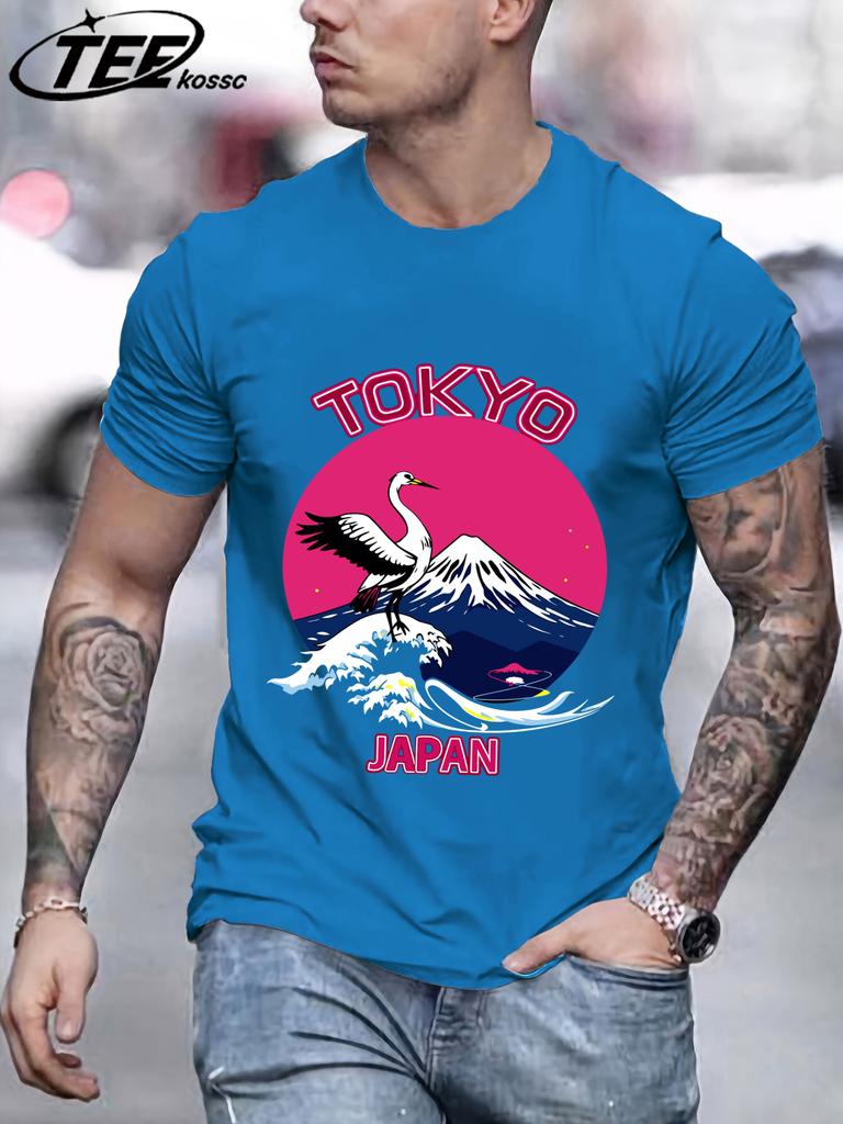 Tokyo Japan Mountain Wave Crane T Shirts Men AllMatch Cotton Basics TShirt Soft Summer Short Sleeve ONeck Loose Casual Top