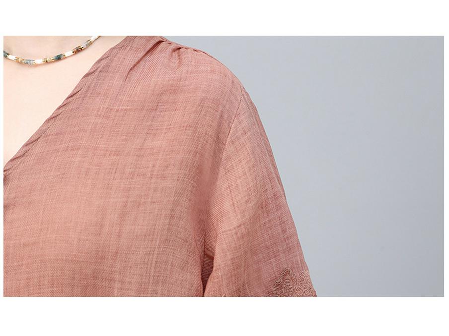 Women's Summer 2025 V-Neck Embroidered Ramie Blouse - Elegant Seven-Sleeve Design for Middle-Aged Ladies
