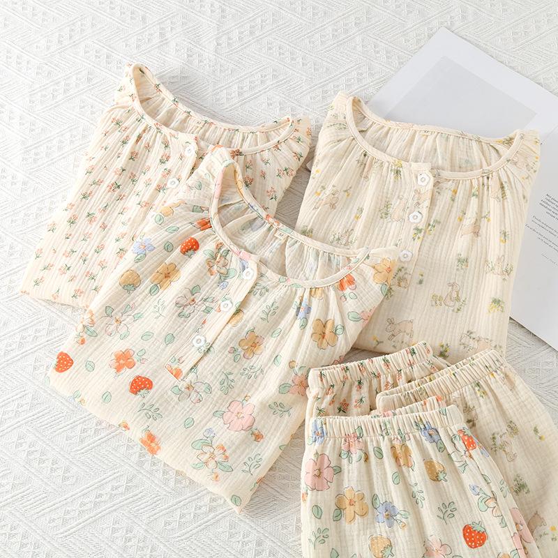 Cotton Yarn Pajamas Women's Summer Round Neck Short-sleeved Shorts Pullover Shoulder Plug Sweet Summer Thin Cotton Loungewear Set