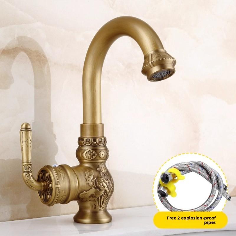 Basin Faucets Solid Brass Vintage Antique Bathroom Faucet Single Handle 360 Degree Swivel Spout Hot Cold Water Basin Mixer Tap