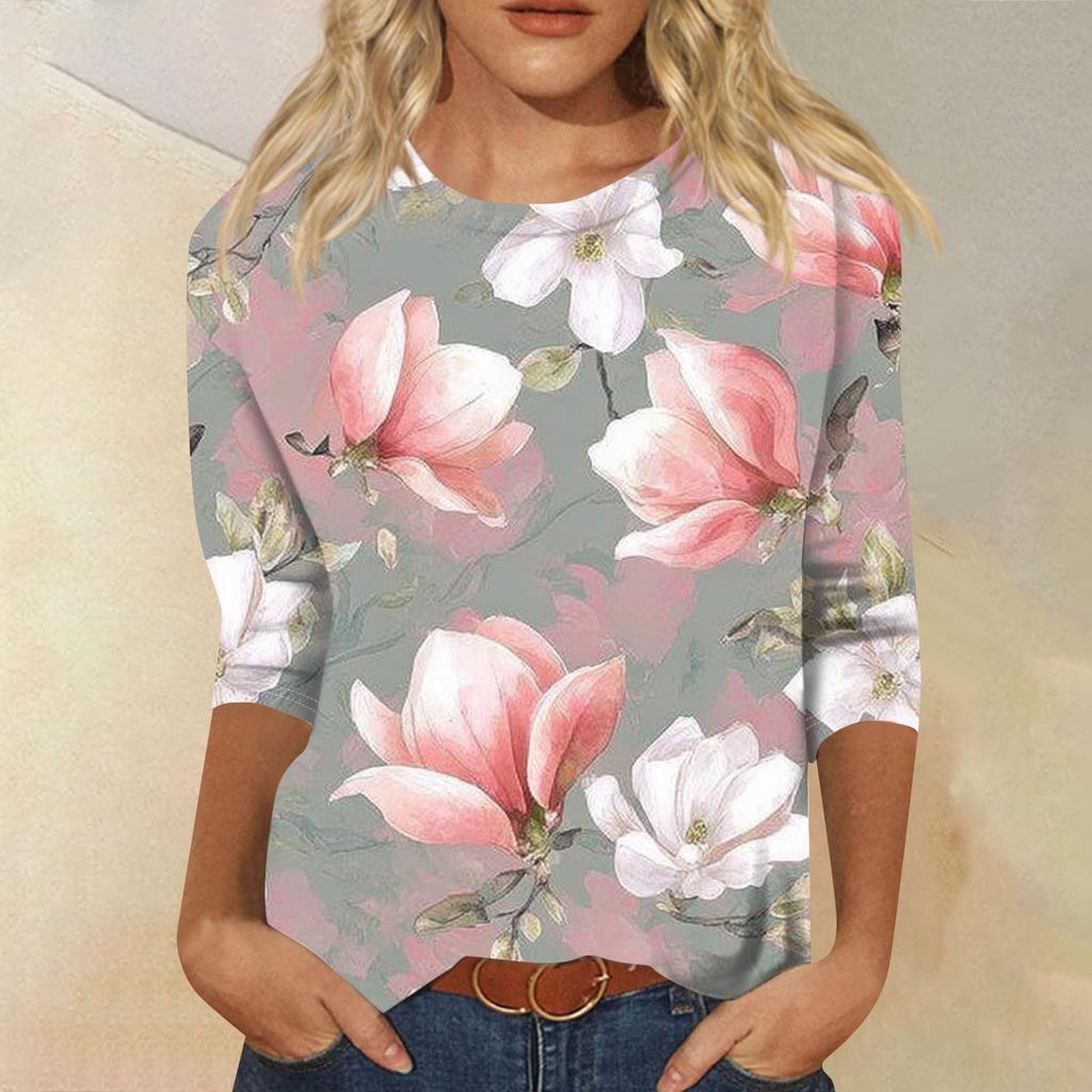 Damenmode Lässiges T-Shirt mit Rundhalsausschnitt und Dreiviertelärmeln und Aufdruck