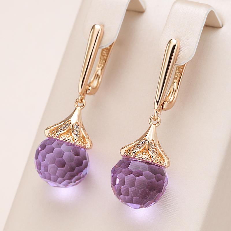 New Fashion Rose Gold Round Purple Crystal Ball Drop Earrings For Women Wedding Party Luxury Trendy Daily Jewelry