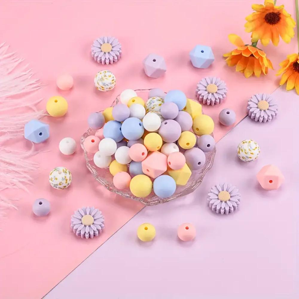 73/79PCS daisy silicone beads, 12/14/15mm round printed silicone beads in bulk, DIY keychain bracelet jewelry making