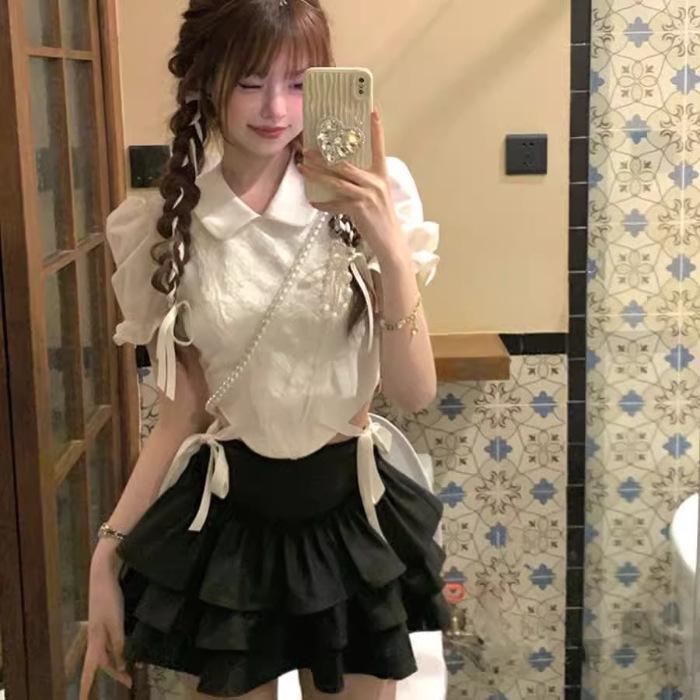 Korean-Style Summer Women's Two-Piece: Bow Tie Strap Top & Waist-Cinching Lace Ruffle Skirt