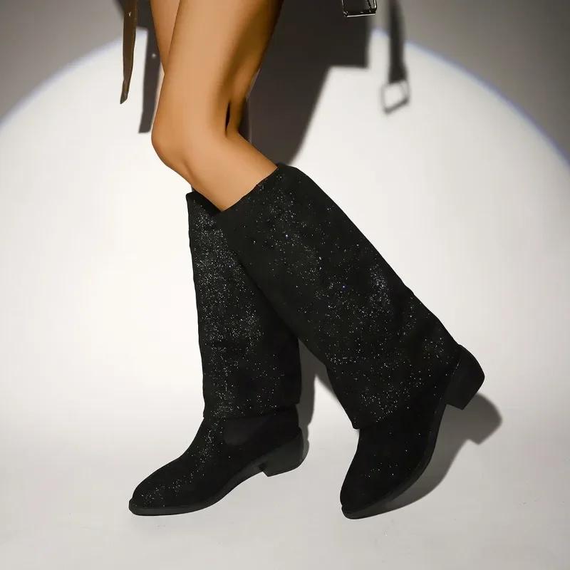 Fashion 2024 Plus Size Shoes Female Knee-High Women's Boots Elegant Modern Boots Women Sewing Pointed Toe Med Heel Slip On Ladies Shoes