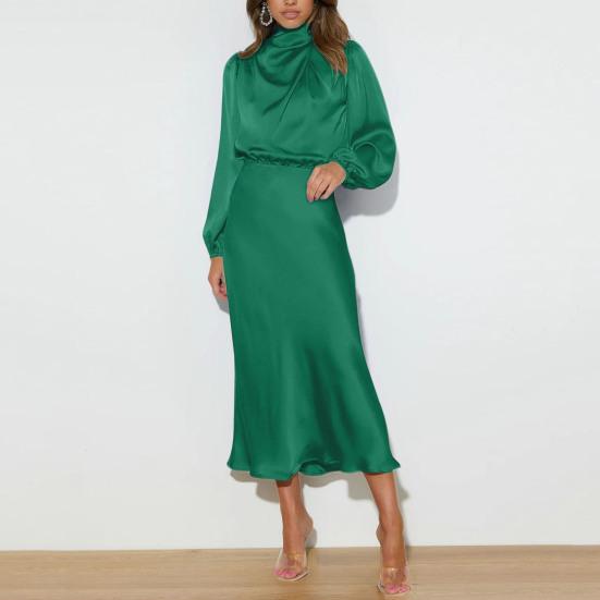 Women Dress Half-high Collar Satin Long Sleeve Solid Color Hollow Out Lantern Sleeve