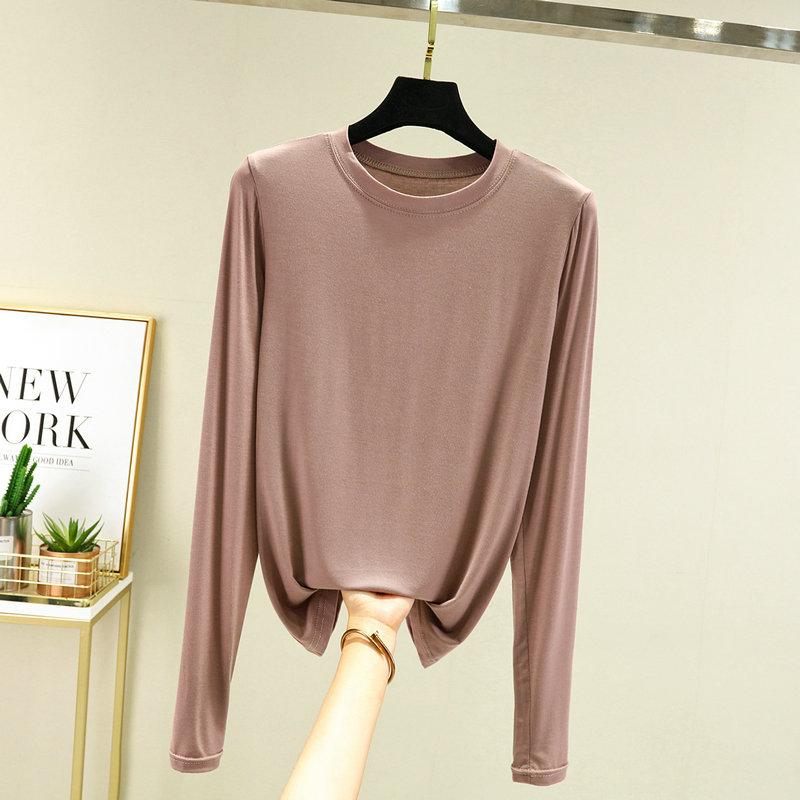 Women's Crew Neck Long Sleeve Tee Slim Fit Commuter Casual Top Solid Color Modal Fabric Stretchy Basic Layering Shirt For Autumn Daily Inner Wear