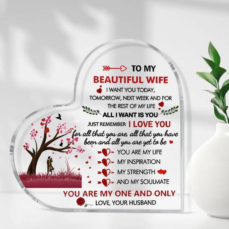 2D Flat Wife Gifts Acrylic Heart Keepsake Desktop Decorative Plaque, Home Decor Plaque Hanging Wall Art Decorative Garden Decoration for Room Door Sig