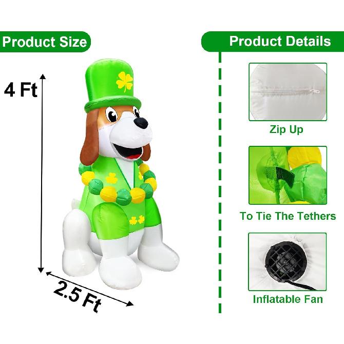 4FT St Patricks Day Inflatables Outdoor Decorations Blow Up Cute Dog Wearing Luck Shamrock Hat Bead Necklace, St. Patrick's Blow ups Irish Built-in