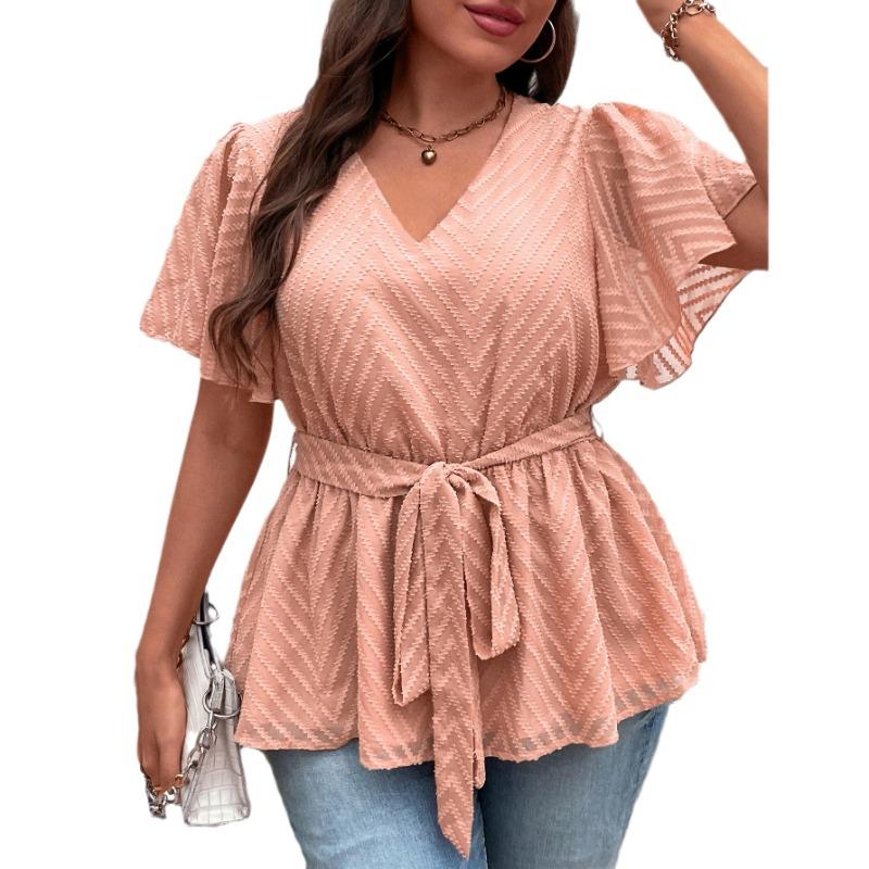 Letné dámske tričko Loose Plus Size Temperamentné Topy s výstrihom do V a krátkym rukávom