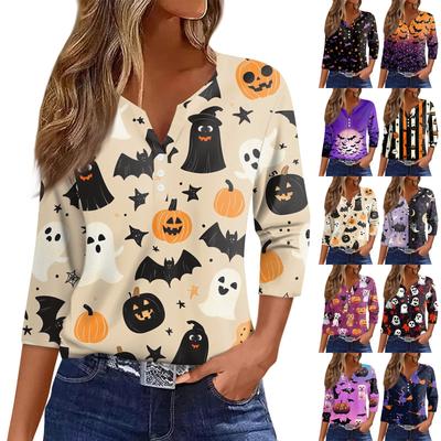 Women's T Shirt Tee Halloween Printed Button 3/4 Sleeve Tunic Daily Weekend Fashion Basic V- Neck Regular Top