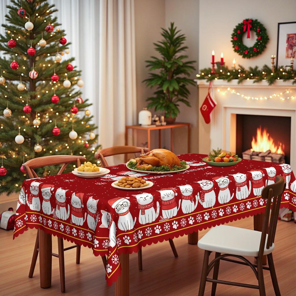 Christmas Cat Pattern Tablecloth, Round Table Square Table Cover Towel, Waterproof And Oil-Proof Dining Table Cloth, Coffee Table Dining Set