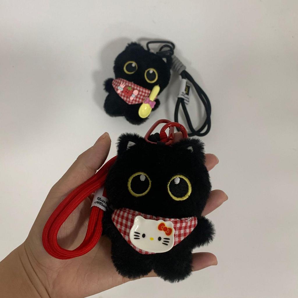 Adorable Big-Eyed Black and White Cat Plush Keychain Pendant