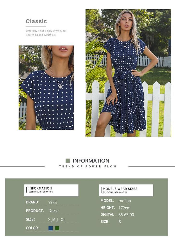 Women's Summer Polka Dot Round Neck Midi Dress with Retro Pleated Skirt