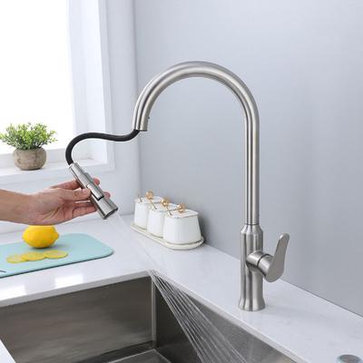 Pull-out 304 Stainless Steel Kitchen Sink Faucet Hot and Cold Water Mixer Kitchen Tap Nickel Pull Down Sprayer 360° Rotation
