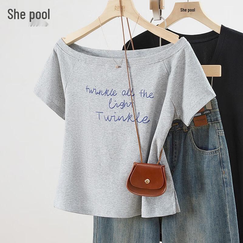 Women s Off-Shoulder Letter Print T-Shirt L