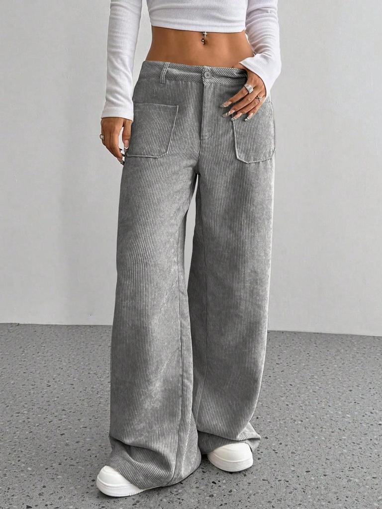 Europäische/Amerikanische Damen Casual Bodenlange Weitbeinige Hose mit Vorder-/Gesäßtaschen, Einfarbig