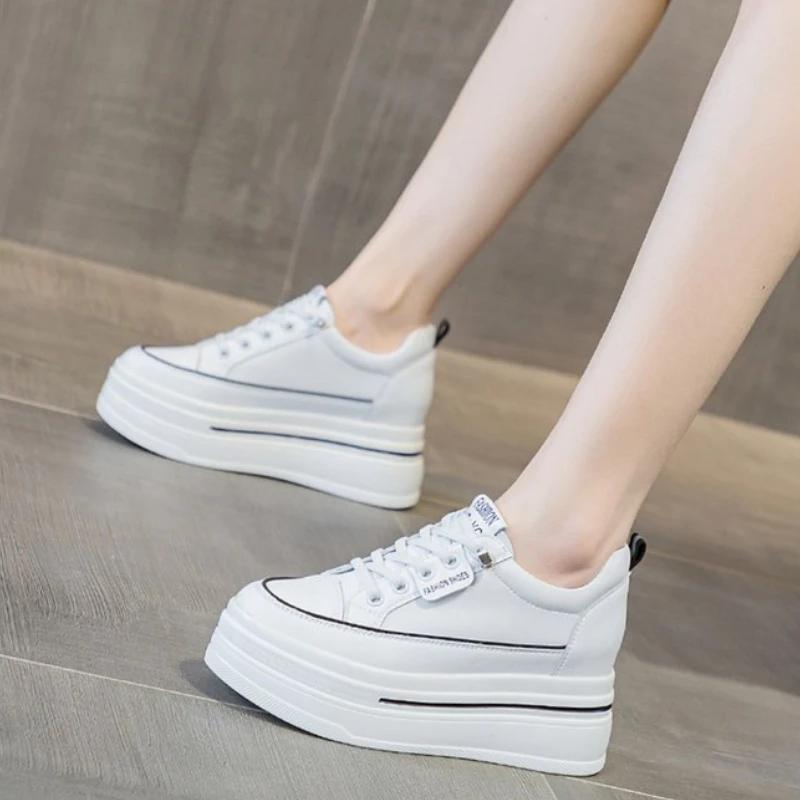Womens Casual Sneakers Inserted Height Platform Shoes Lace-up Ladies Vulcanized Shoes Leather Breathable Women Shoes Comfortable