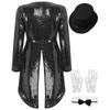 Womens Magician Costume Set Long Sleeve One Button Patchwork Sequin Tailcoat Hat Bow Collar Gloves Halloween Cosplay