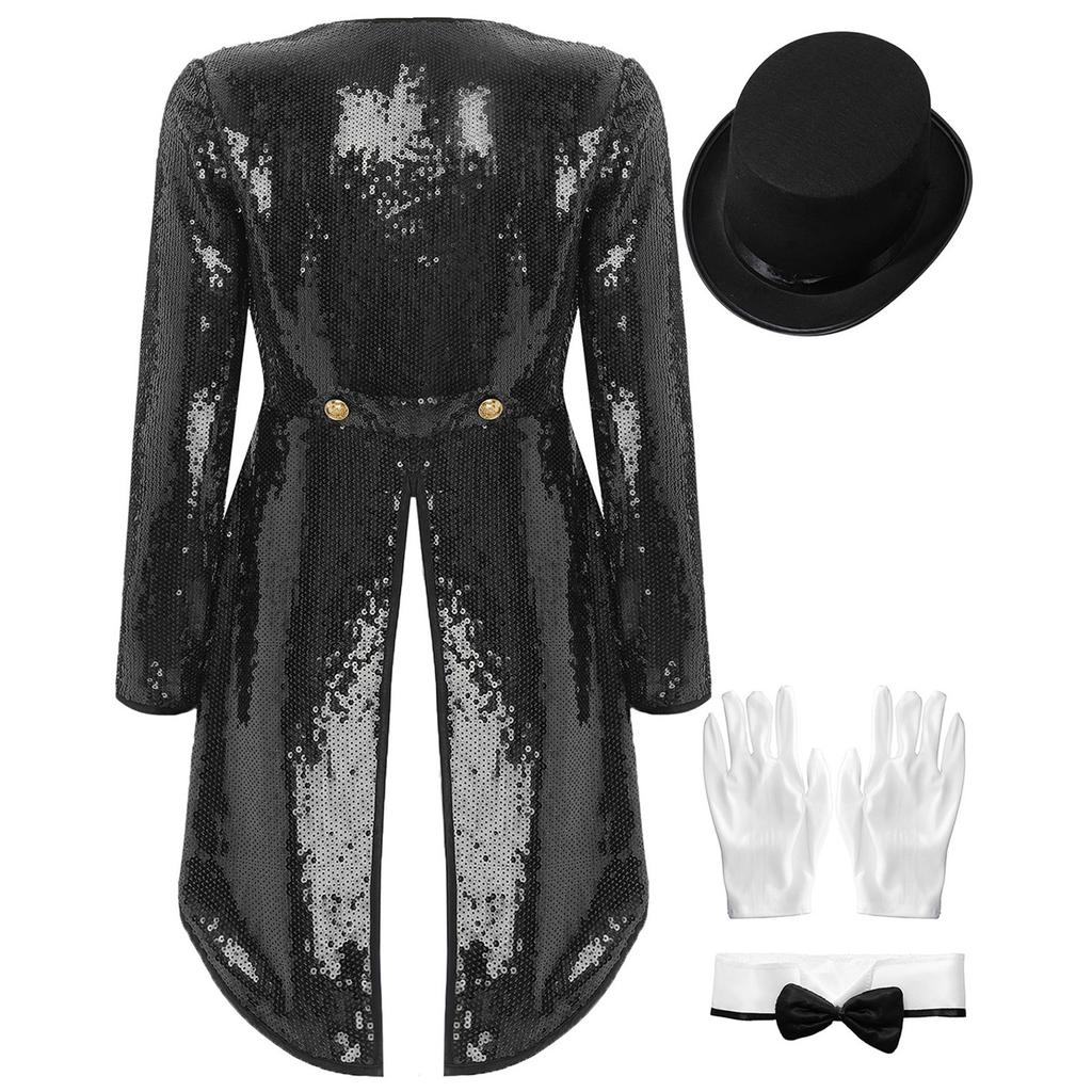 Womens Magician Costume Set Long Sleeve One Button Patchwork Sequin Tailcoat Hat Bow Collar Gloves Halloween Cosplay
