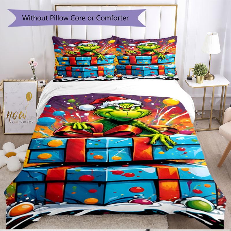 3pcs Duvet Cover Set (1*Duvet Cover + 2*Pillowcase, Without Core), The Grinch Print Soft All‑Season Bedding Set, Home Bedroom Decor Gift