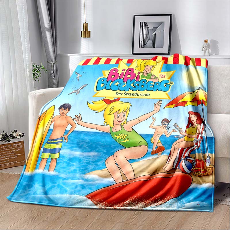Bibi Blocksberg Summer Beach Flannel Blanket, Cartoon Witch Bibi Surf Print Warm Throw Blanket, Kids Bedroom Sofa Decor Gift