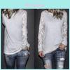 Korean Style Womens Lace Panel Long Sleeve Slim Fit Blend Round Neck Casual Top