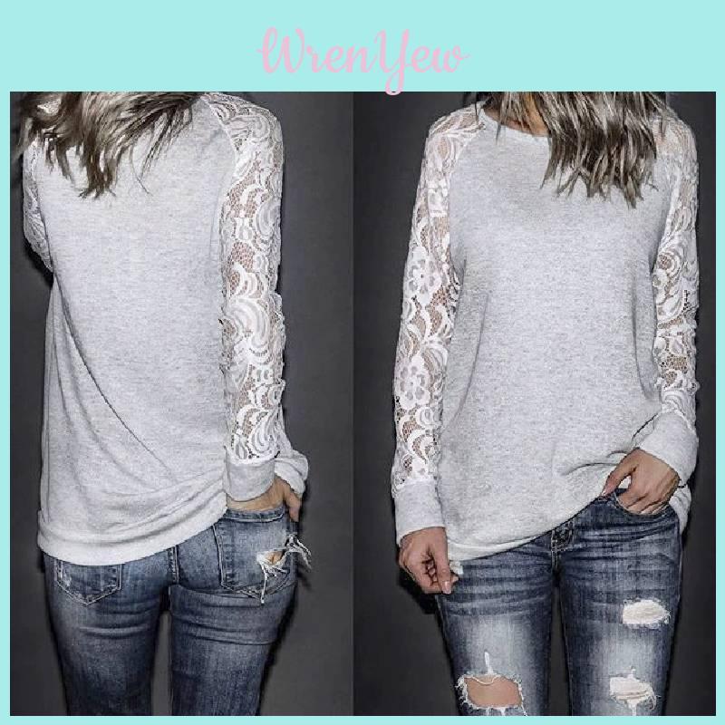 Korean Style Womens Lace Panel Long Sleeve Slim Fit Blend Round Neck Casual Top