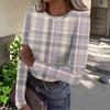 Women's Casual Plaid Print Crewneck Long Sleeve Ribbed Top for Everyday Wear and Work