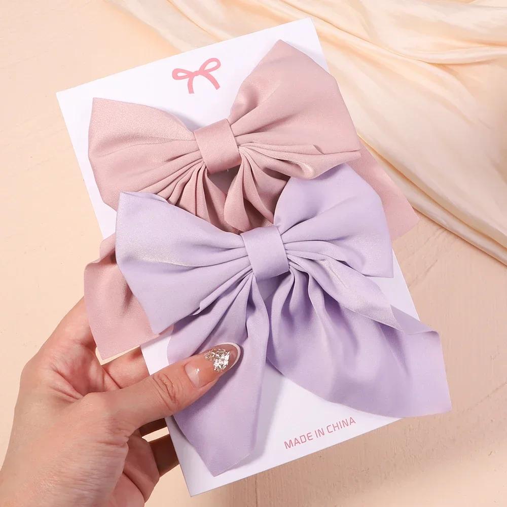 2Pcs/set Sweet Solid Bowknot Hair Clips for Women Girls Ribbon Bows Hairpins Handmade Barrettes Headwear Hair Accessories Gifts