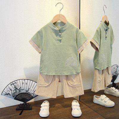 Boys Hanbok Suit Kids Tang Suit Baby Short-sleeved Summer Chinese Style Cotton Linen Two-piece Set Breathable Casual Performance Outfit