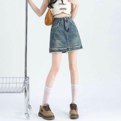 Ham Kenarlı Yarım Vücut Etek İnce Kısım Yüz Model Retro Kasık Örtücü Yüksek Belli Kalem A Kesim Bayan Yaz Modası Kot Mini Etek