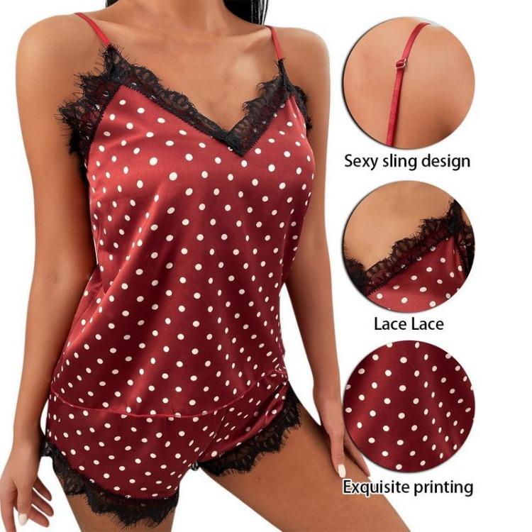 Women Sexy Polka Dot Printed Letter Sleepwear Set V Neck Sling Vest Shorts Casual Loungewear